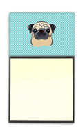 Checkerboard Blue Fawn Pug Watercolor Sticky Note Holder Refillable Dispenser Desk Accessory 3x3 Pad Gift