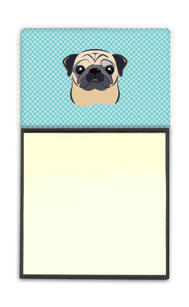 Checkerboard Blue Fawn Pug Watercolor Sticky Note Holder Refillable Dispenser Desk Accessory 3x3 Pad Gift