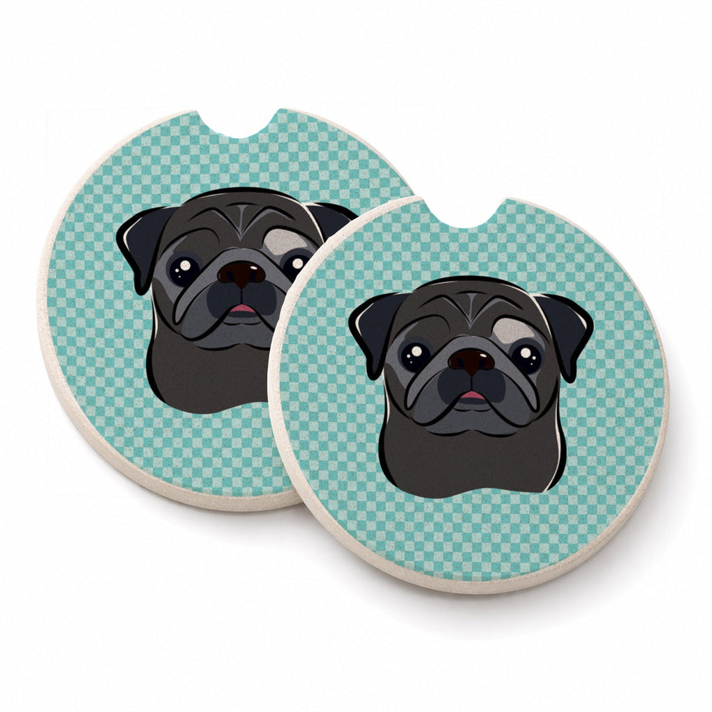 Checkerboard Blue Black Pug Set of 2 Cup Holder Car Coasters Absorbent Round Sandstone Coasters Gifts for Men or Women, 2.5, Multicolor