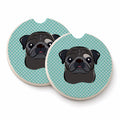 Checkerboard Blue Black Pug Set of 2 Cup Holder Car Coasters Absorbent Round Sandstone Coasters Gifts for Men or Women, 2.5, Multicolor