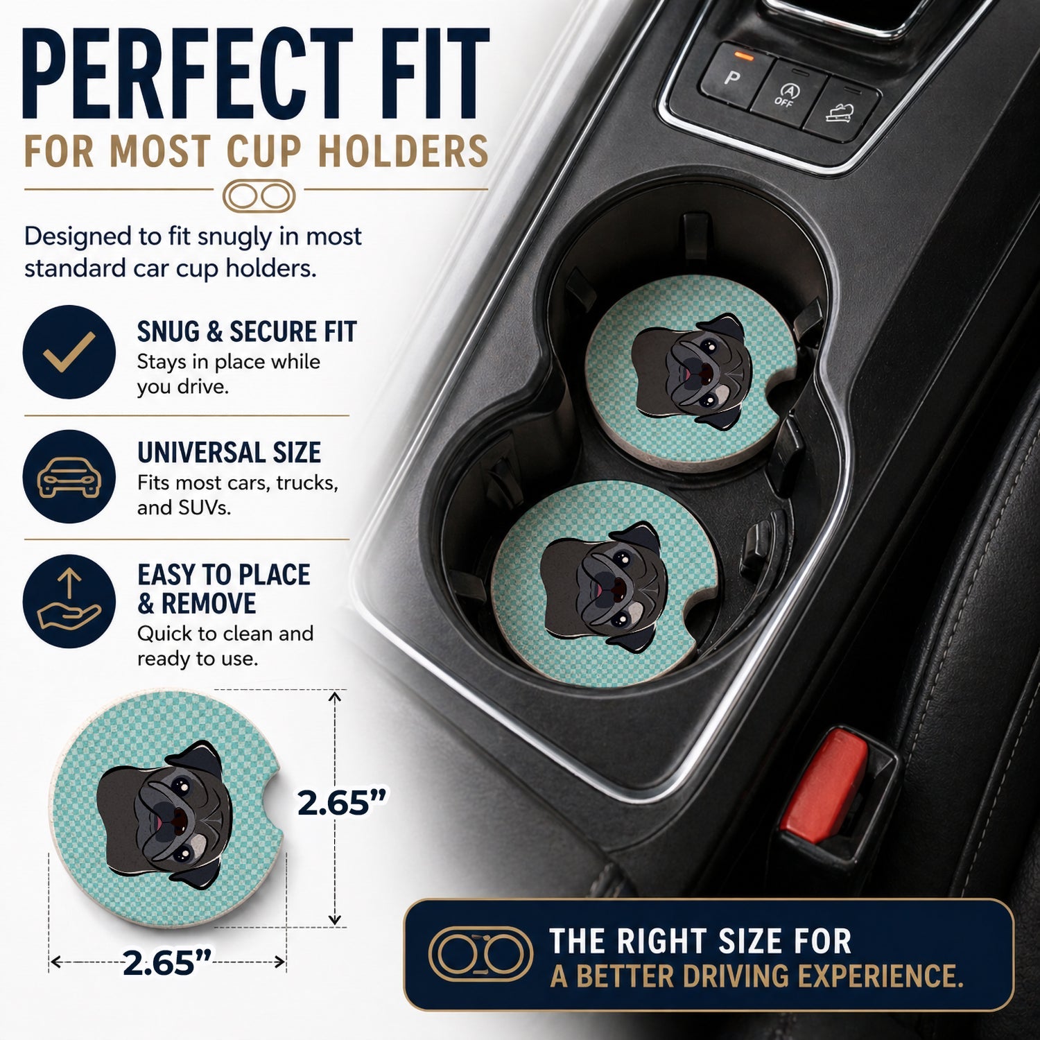 Checkerboard Blue Black Pug Set of 2 Cup Holder Car Coasters Absorbent Round Sandstone Coasters Gifts for Men or Women, 2.5, Multicolor