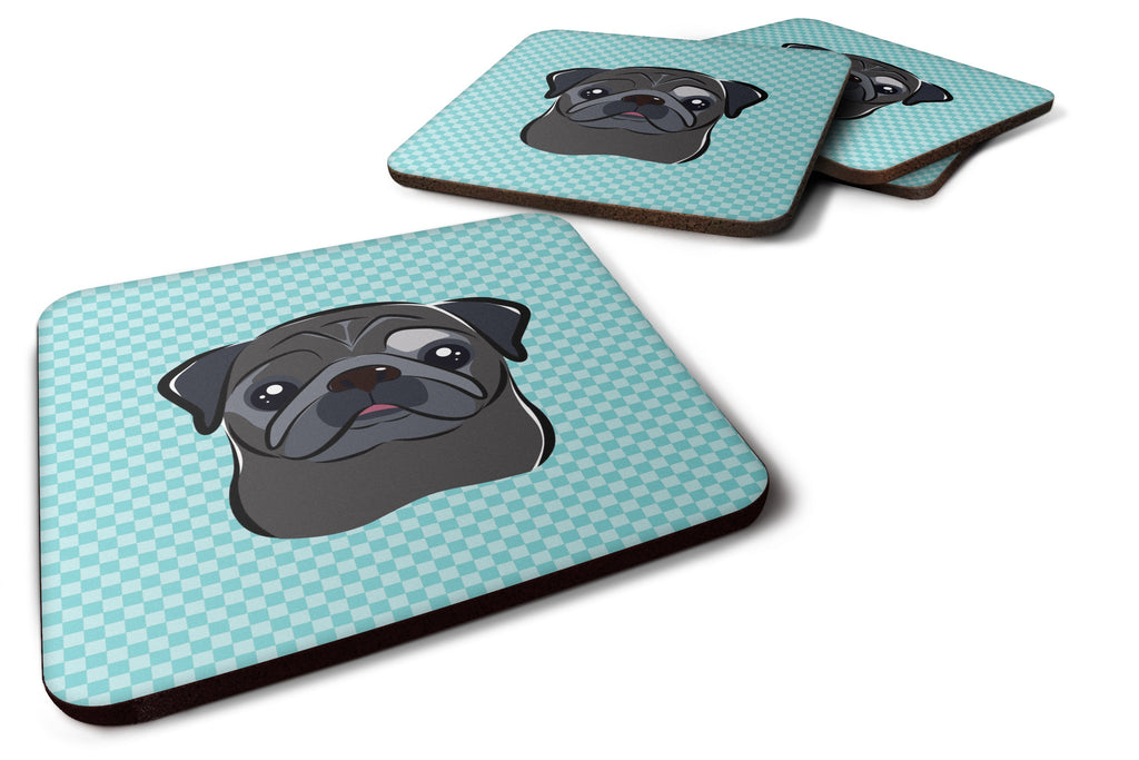Checkerboard Blue Black Pug Foam Coasters Set of 4 Cup Coasters for Indoor Outdoor, Tabletop Protection, Anti Slip, Mouse pad Material