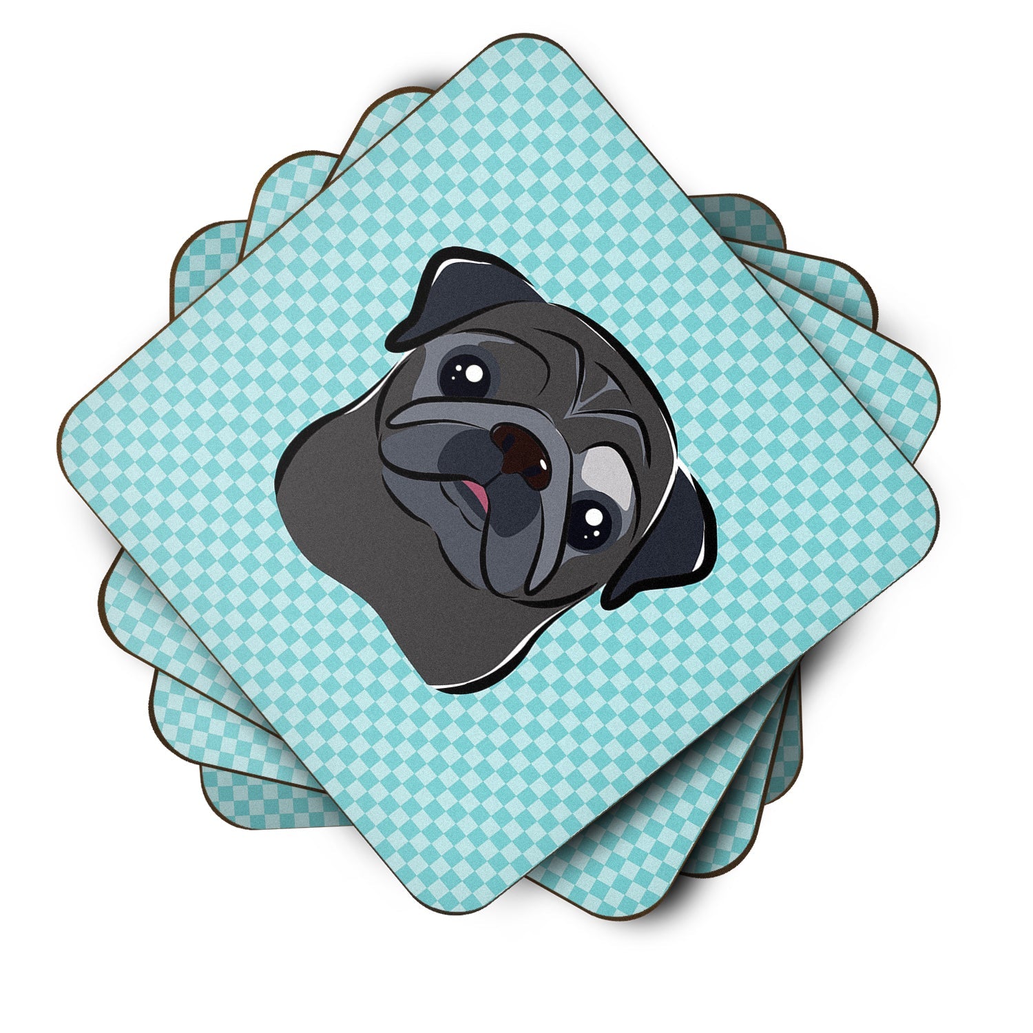 Checkerboard Blue Black Pug Foam Coasters Set of 4 Cup Coasters for Indoor Outdoor, Tabletop Protection, Anti Slip, Mouse pad Material