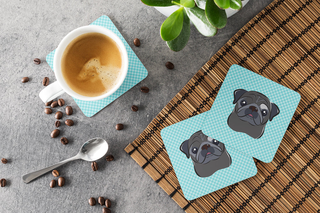Checkerboard Blue Black Pug Foam Coasters Set of 4 Cup Coasters for Indoor Outdoor, Tabletop Protection, Anti Slip, Mouse pad Material