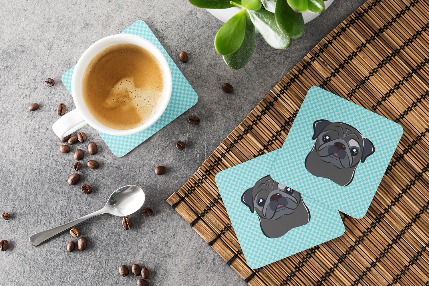 Checkerboard Blue Black Pug Foam Coasters Set of 4 Cup Coasters for Indoor Outdoor, Tabletop Protection, Anti Slip, Mouse pad Material