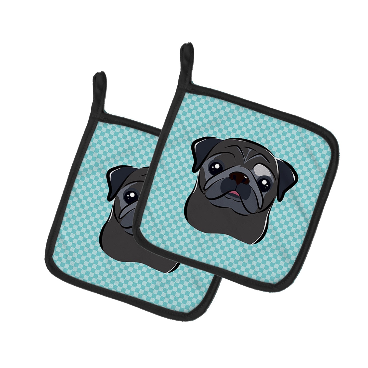 Checkerboard Blue Black Pug Pot Holder Set of 2 Heat Resistant Quilted Hot Pads 7.5 x 7.5 Inch, Insulated Kitchen Trivets for Cooking & Baking