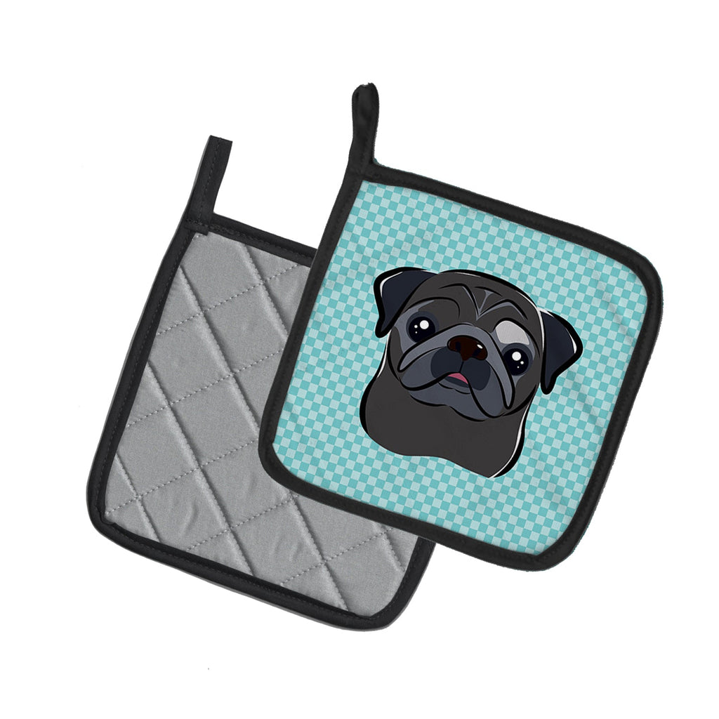 Checkerboard Blue Black Pug Pot Holder Set of 2 Heat Resistant Quilted Hot Pads 7.5 x 7.5 Inch, Insulated Kitchen Trivets for Cooking & Baking