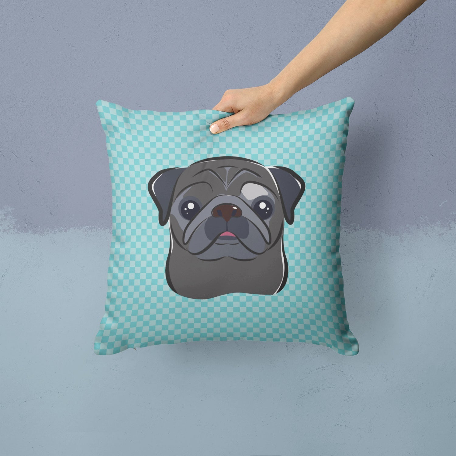 Checkerboard Blue Black Pug Decorative Throw Pillow 14x14 Indoor Outdoor Accent Cushion, Fabric Cover with Insert for Sofa, Bed, Porch & Living Room