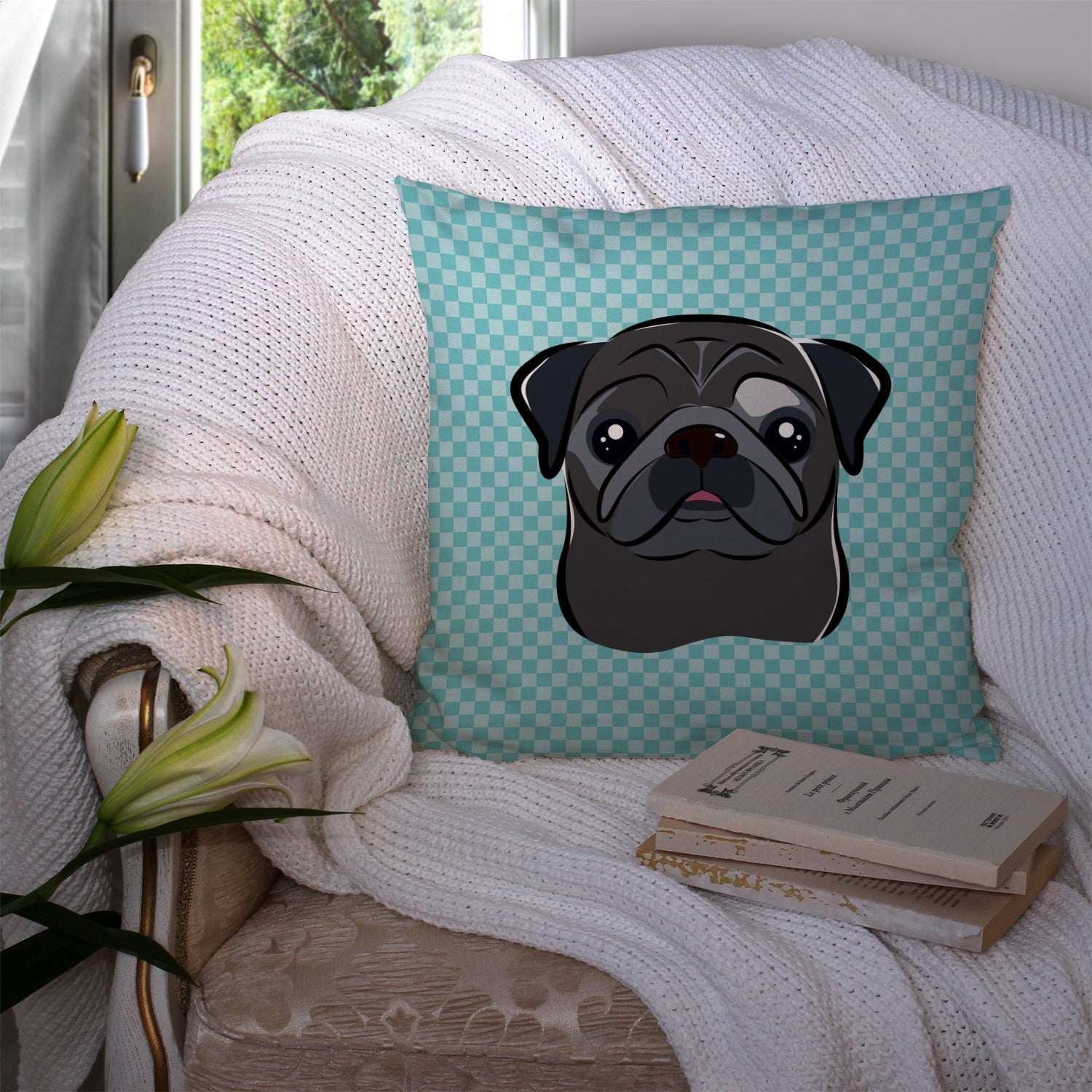 Checkerboard Blue Black Pug Decorative Throw Pillow 14x14 Indoor Outdoor Accent Cushion, Fabric Cover with Insert for Sofa, Bed, Porch & Living Room