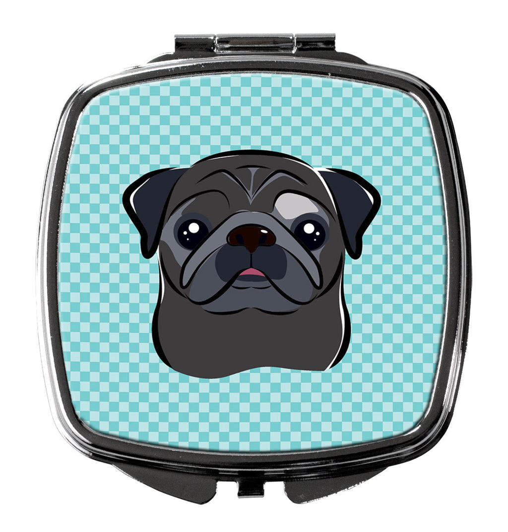 Checkerboard Blue Black Pug Compact Mirror Decorative Travel Makeup Mirror for Women Girls Gifts Pocket Makeup Mirror Folding Handheld