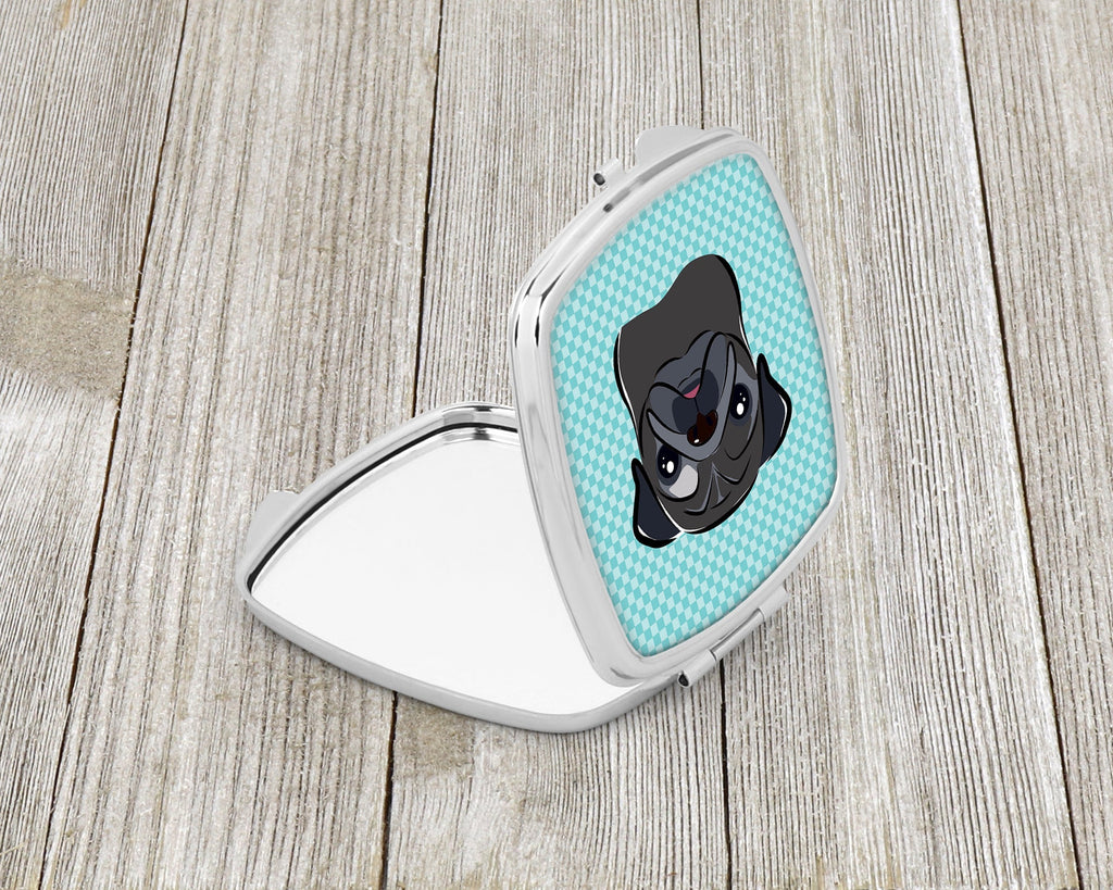 Checkerboard Blue Black Pug Compact Mirror Decorative Travel Makeup Mirror for Women Girls Gifts Pocket Makeup Mirror Folding Handheld