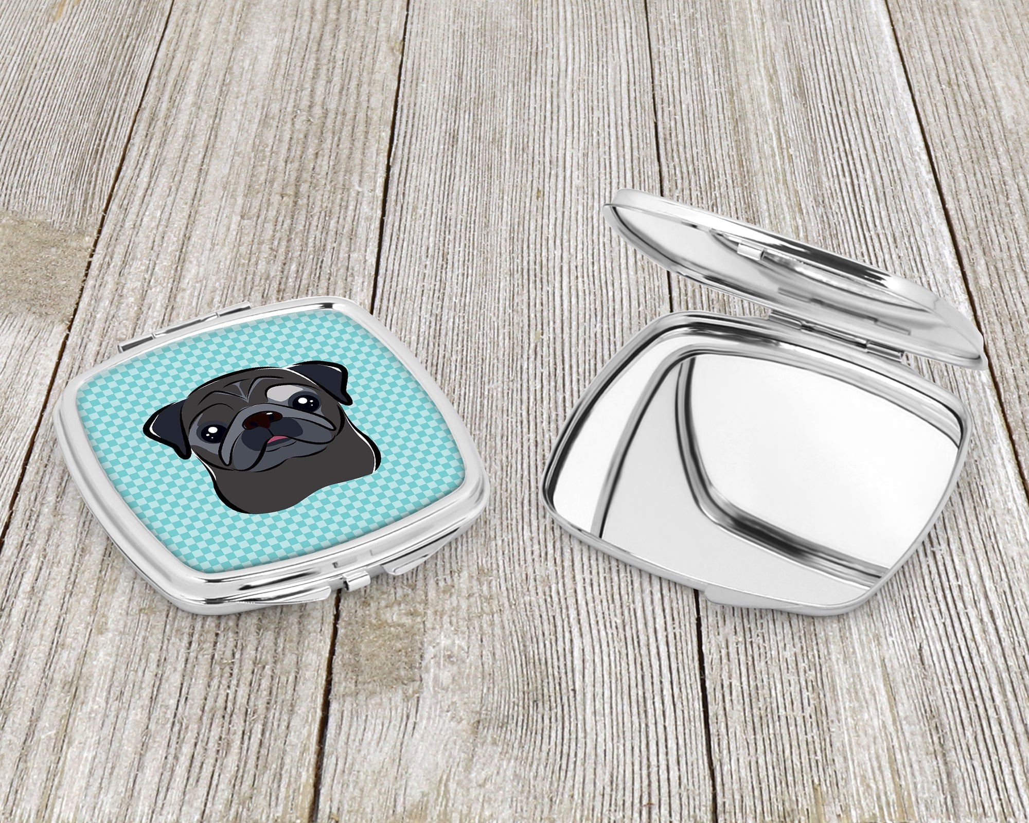 Checkerboard Blue Black Pug Compact Mirror Decorative Travel Makeup Mirror for Women Girls Gifts Pocket Makeup Mirror Folding Handheld