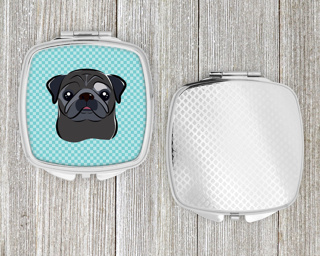 Checkerboard Blue Black Pug Compact Mirror Decorative Travel Makeup Mirror for Women Girls Gifts Pocket Makeup Mirror Folding Handheld