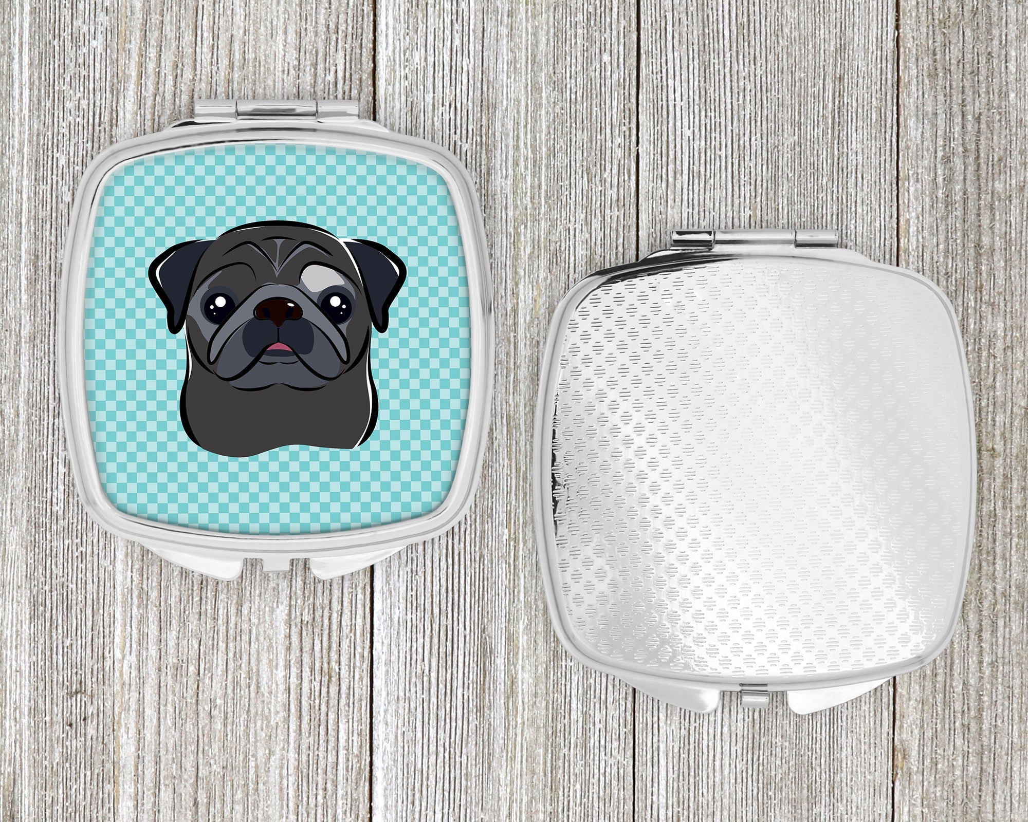 Checkerboard Blue Black Pug Compact Mirror Decorative Travel Makeup Mirror for Women Girls Gifts Pocket Makeup Mirror Folding Handheld
