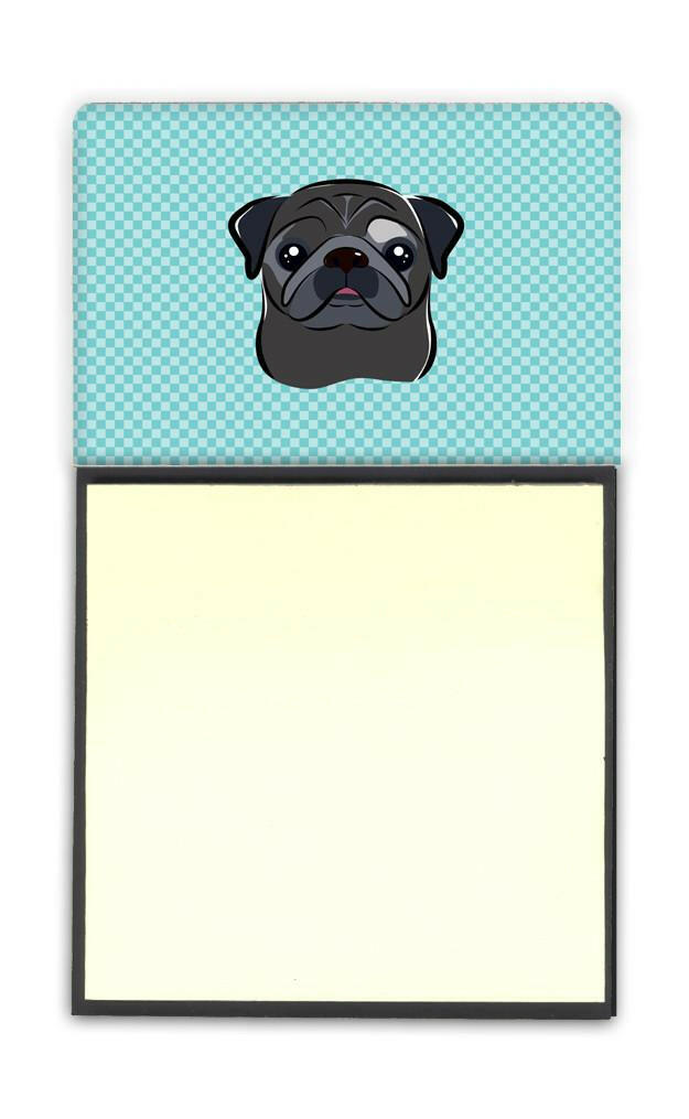 Checkerboard Blue Black Pug Watercolor Sticky Note Holder Refillable Dispenser Desk Accessory 3x3 Pad Gift