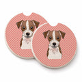 Checkerboard Pink Jack Russell Terrier Set of 2 Cup Holder Car Coasters Absorbent Round Sandstone Coasters Gifts for Men or Women, 2.5, Multicolor