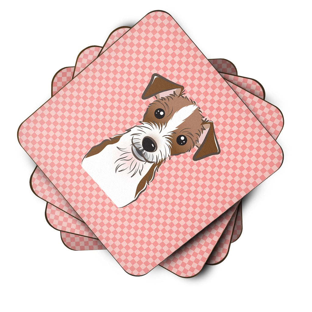Checkerboard Pink Jack Russell Terrier Foam Coasters Set of 4 Cup Coasters for Indoor Outdoor, Tabletop Protection, Anti Slip, Mouse pad Material