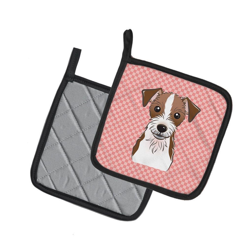Checkerboard Pink Jack Russell Terrier Pot Holder Set of 2 Heat Resistant Quilted Hot Pads 7.5 x 7.5 Inch, Insulated Kitchen Trivets for Cooking & Baking