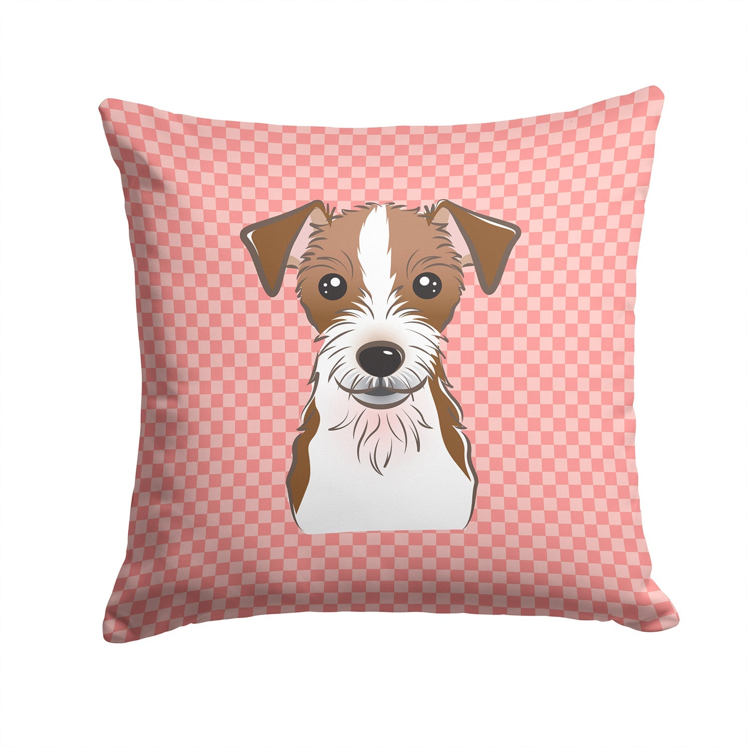 Checkerboard Pink Jack Russell Terrier Decorative Throw Pillow 14x14 Indoor Outdoor Accent Cushion, Fabric Cover with Insert for Sofa, Bed, Porch & Living Room