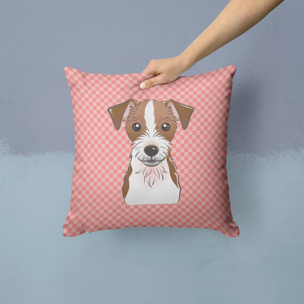 Checkerboard Pink Jack Russell Terrier Decorative Throw Pillow 14x14 Indoor Outdoor Accent Cushion, Fabric Cover with Insert for Sofa, Bed, Porch & Living Room