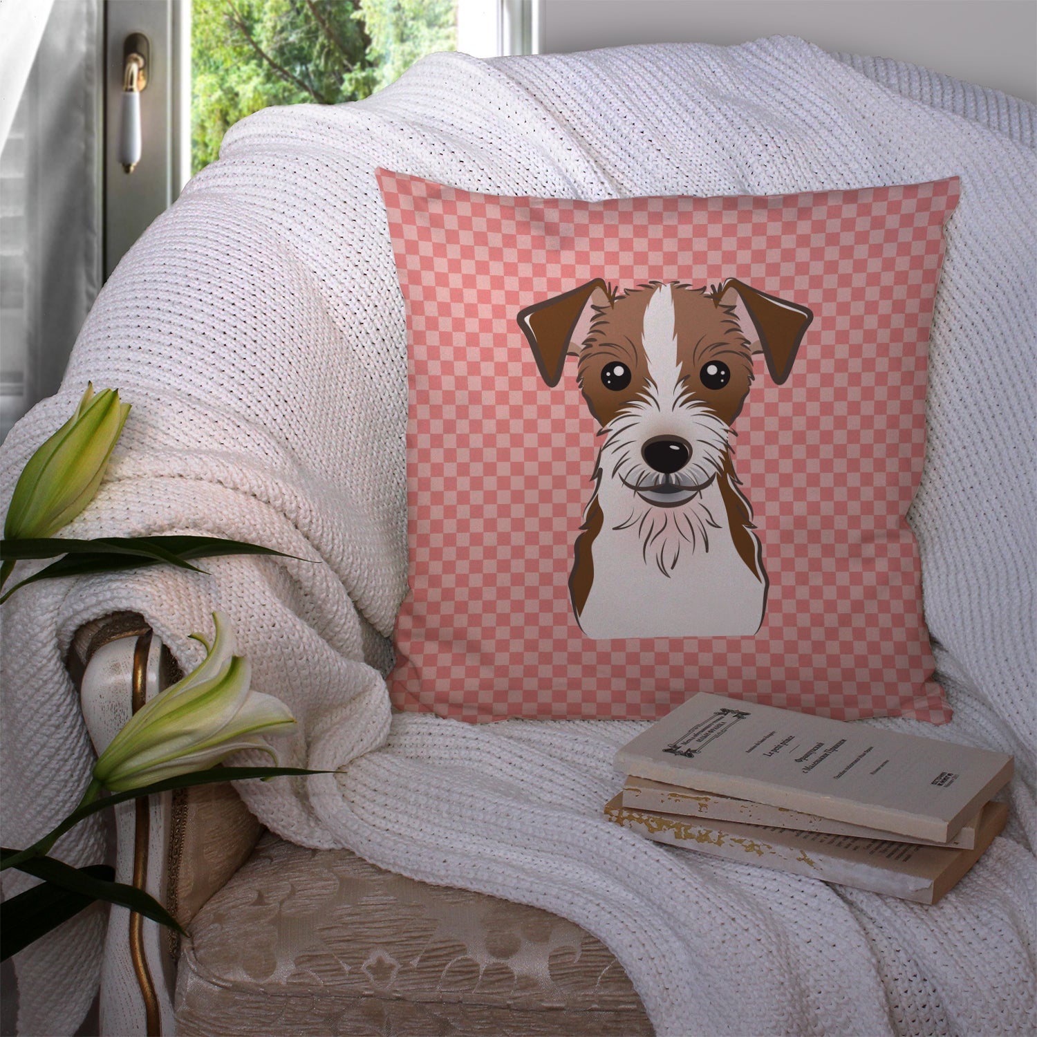 Checkerboard Pink Jack Russell Terrier Decorative Throw Pillow 14x14 Indoor Outdoor Accent Cushion, Fabric Cover with Insert for Sofa, Bed, Porch & Living Room