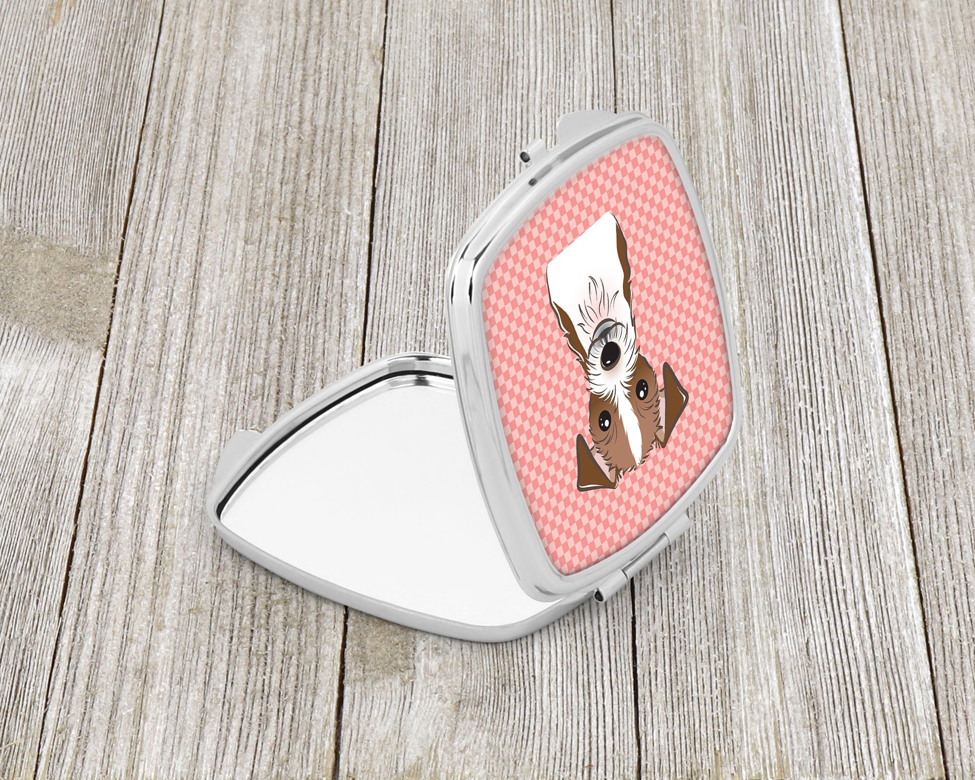 Checkerboard Pink Jack Russell Terrier Compact Mirror Decorative Travel Makeup Mirror for Women Girls Gifts Pocket Makeup Mirror Folding Handheld