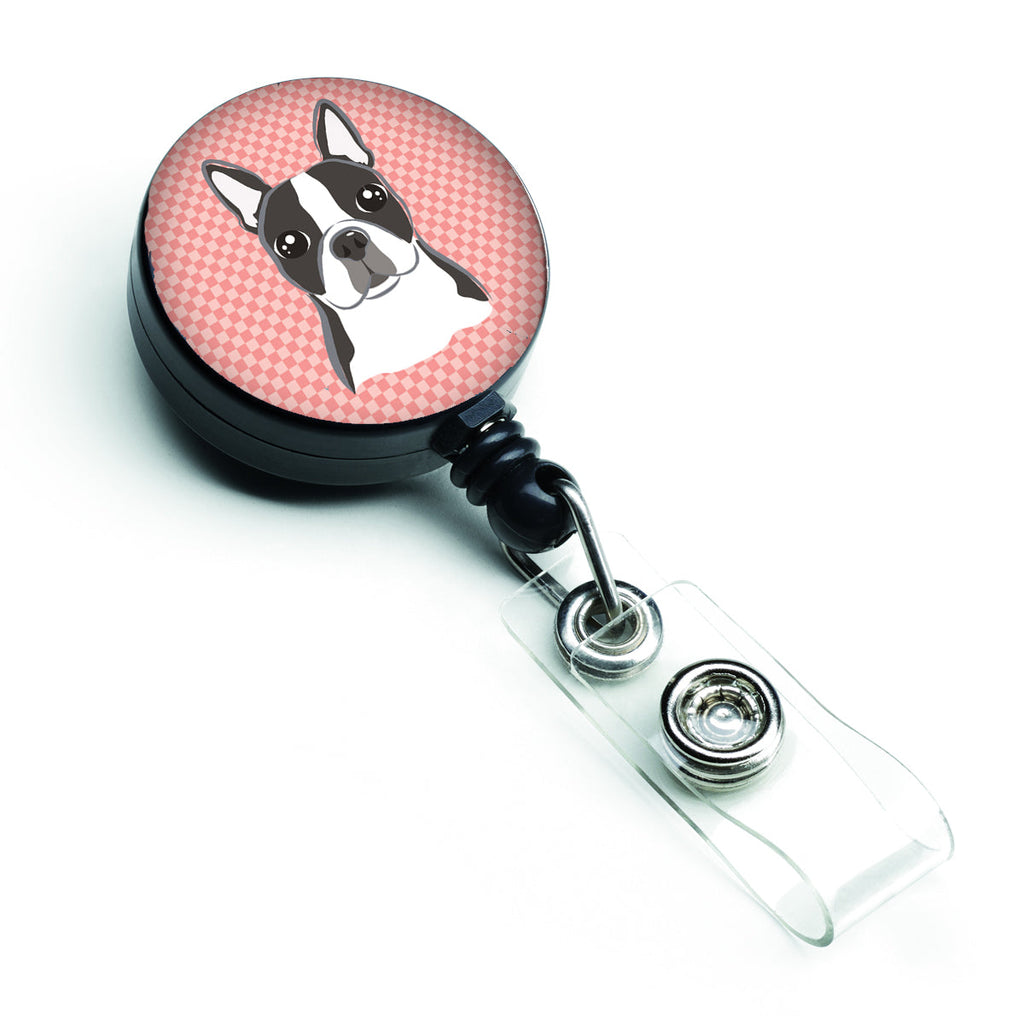 Checkerboard Pink Boston Terrier Retractable Badge Reel for Nurses ID Badge Holder with Clip Retractable Employee Badge Holder, Belt Clip