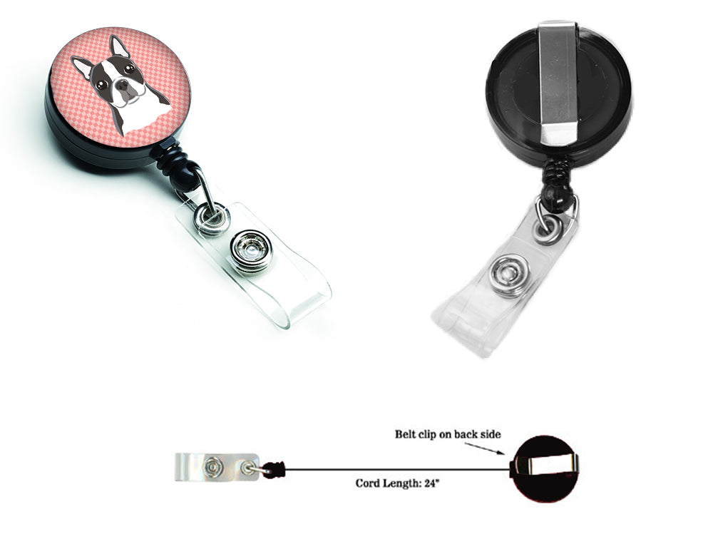 Checkerboard Pink Boston Terrier Retractable Badge Reel for Nurses ID Badge Holder with Clip Retractable Employee Badge Holder, Belt Clip