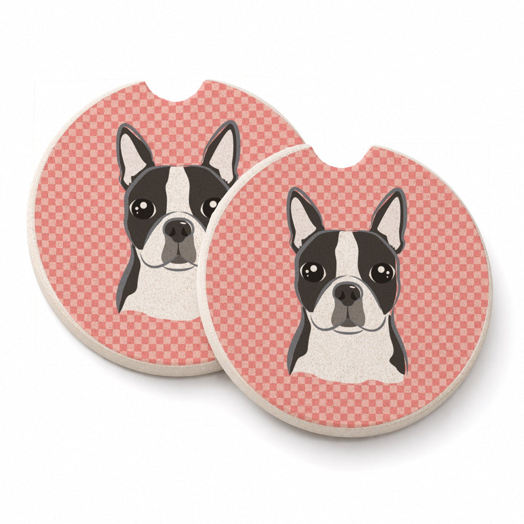 Checkerboard Pink Boston Terrier Set of 2 Cup Holder Car Coasters Absorbent Round Sandstone Coasters Gifts for Men or Women, 2.5, Multicolor