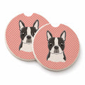 Checkerboard Pink Boston Terrier Set of 2 Cup Holder Car Coasters Absorbent Round Sandstone Coasters Gifts for Men or Women, 2.5, Multicolor