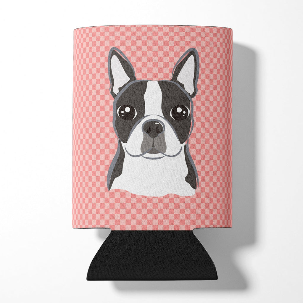 Checkerboard Pink Boston Terrier Can or Bottle Hugger Cooler Sleeve for Standard 12 oz Cans, Insulated Foam Beer & Soda Can Hugger Reusable