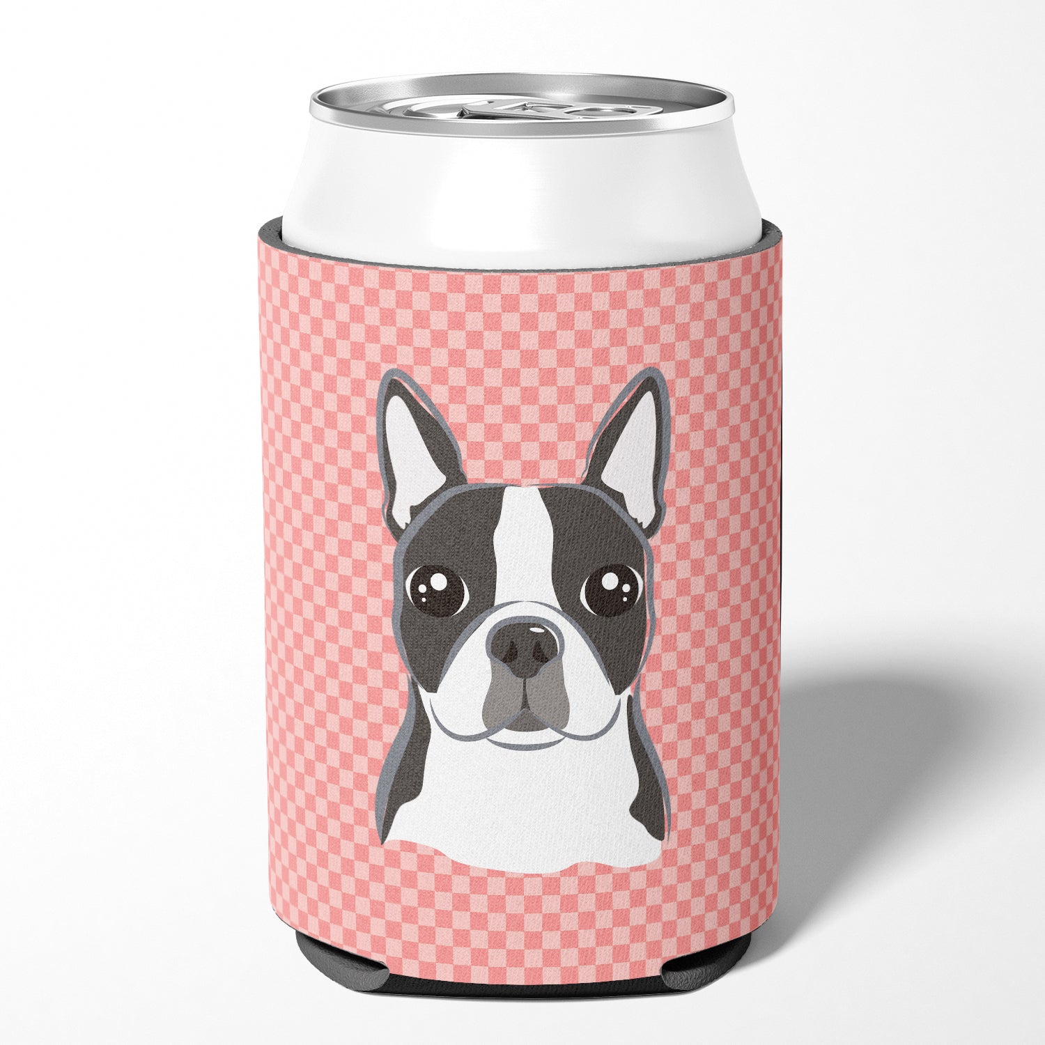 Checkerboard Pink Boston Terrier Can or Bottle Hugger Cooler Sleeve for Standard 12 oz Cans, Insulated Foam Beer & Soda Can Hugger Reusable