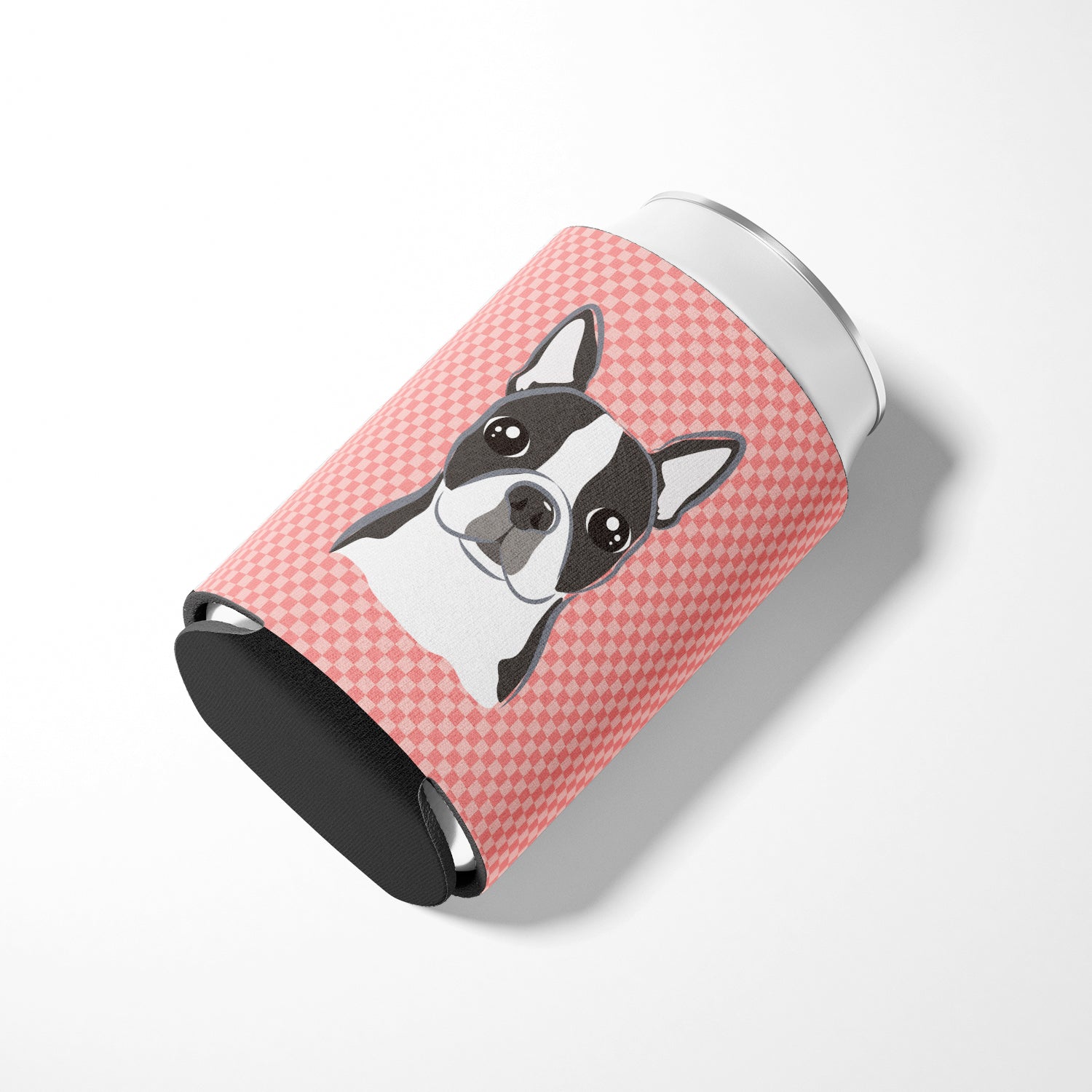Checkerboard Pink Boston Terrier Can or Bottle Hugger Cooler Sleeve for Standard 12 oz Cans, Insulated Foam Beer & Soda Can Hugger Reusable