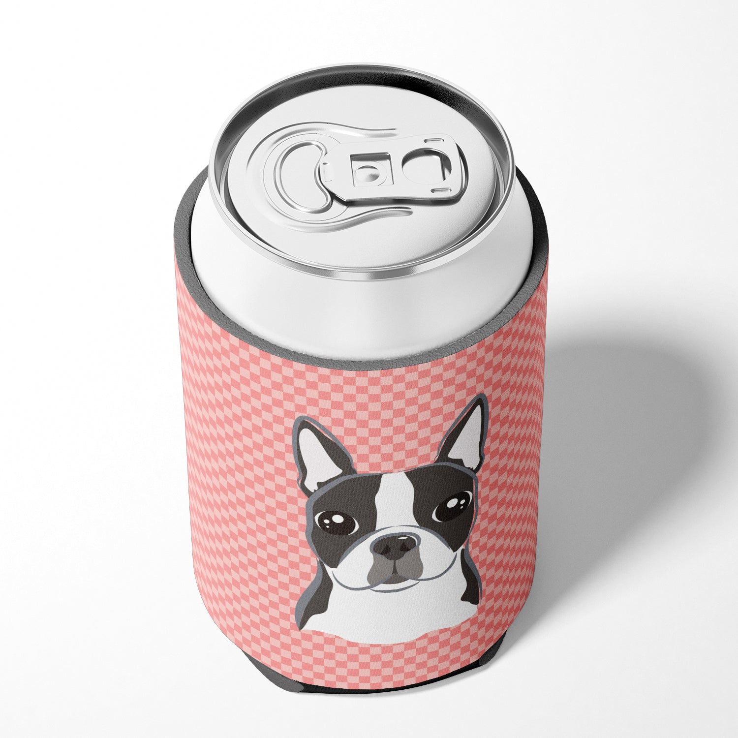 Checkerboard Pink Boston Terrier Can or Bottle Hugger Cooler Sleeve for Standard 12 oz Cans, Insulated Foam Beer & Soda Can Hugger Reusable
