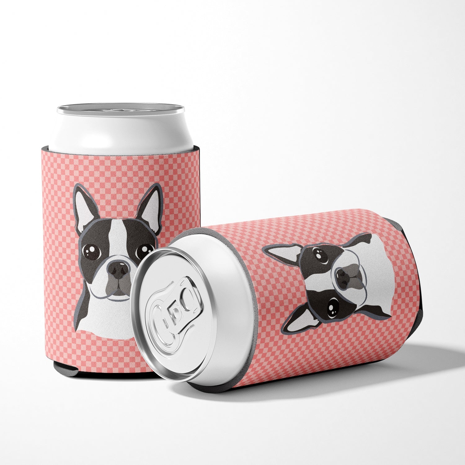 Checkerboard Pink Boston Terrier Can or Bottle Hugger Cooler Sleeve for Standard 12 oz Cans, Insulated Foam Beer & Soda Can Hugger Reusable