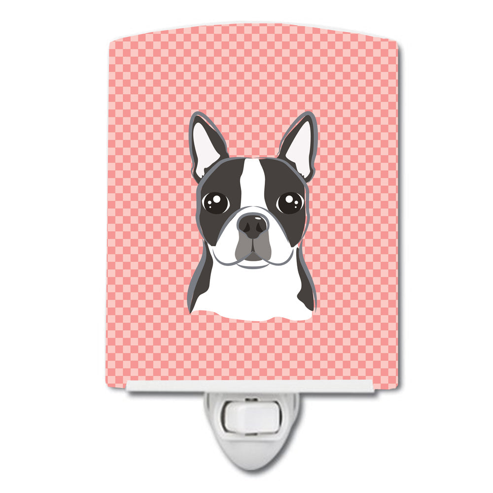 Checkerboard Pink Boston Terrier Ceramic Night Light Compact, UL-Certified, Ideal for Bedroom, Bathroom, Nursery, Hallway, Kitchen, 6x4x3, Multicolor
