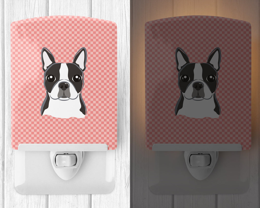 Checkerboard Pink Boston Terrier Ceramic Night Light Compact, UL-Certified, Ideal for Bedroom, Bathroom, Nursery, Hallway, Kitchen, 6x4x3, Multicolor