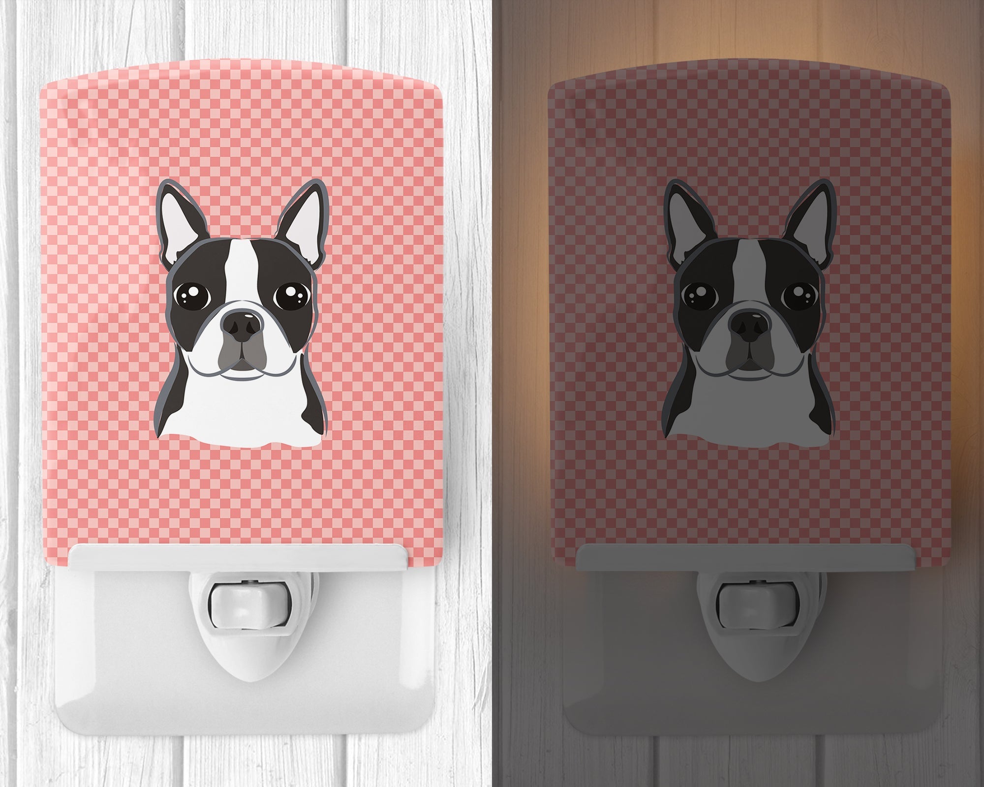 Checkerboard Pink Boston Terrier Ceramic Night Light Compact, UL-Certified, Ideal for Bedroom, Bathroom, Nursery, Hallway, Kitchen, 6x4x3, Multicolor