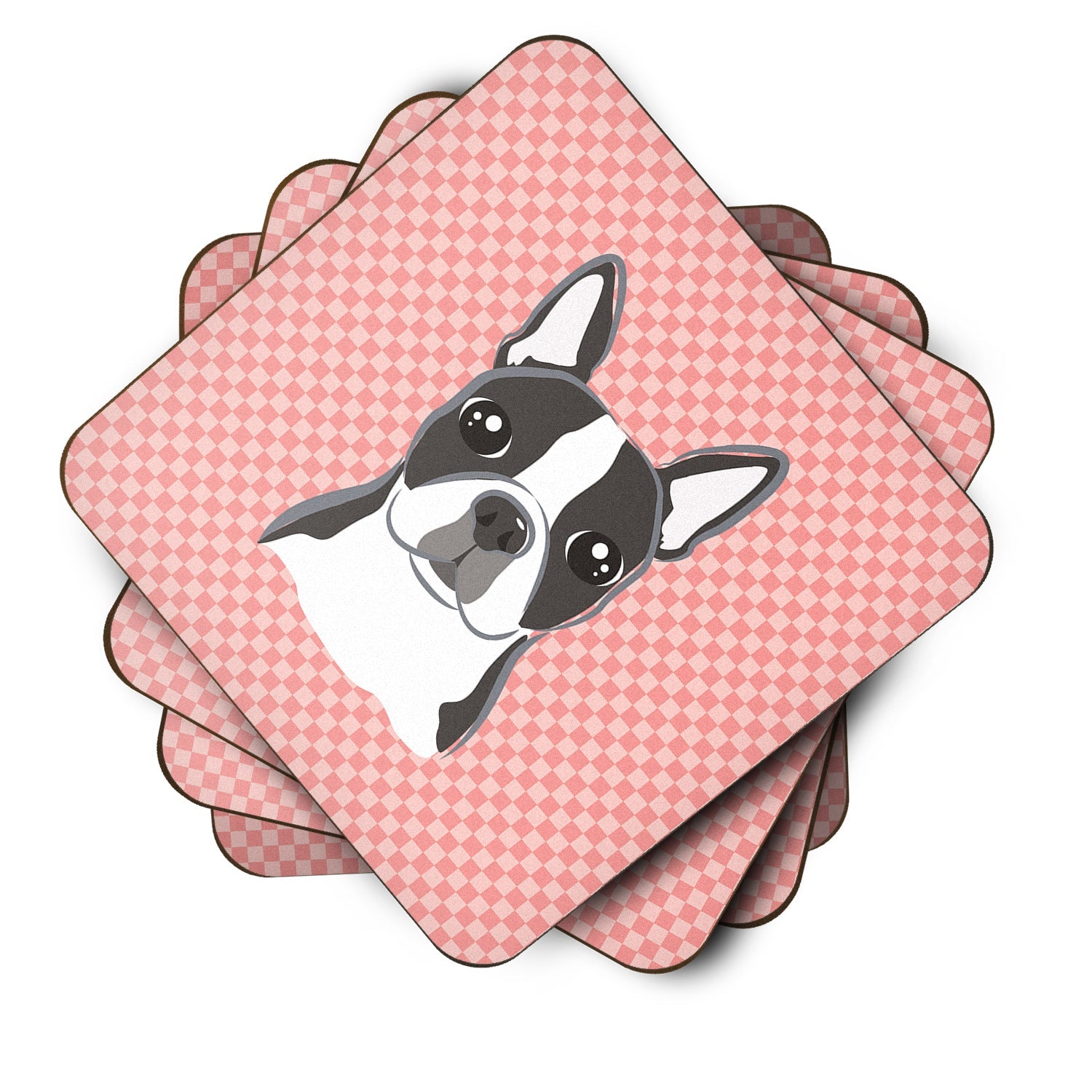 Checkerboard Pink Boston Terrier Foam Coasters Set of 4 Cup Coasters for Indoor Outdoor, Tabletop Protection, Anti Slip, Mouse pad Material
