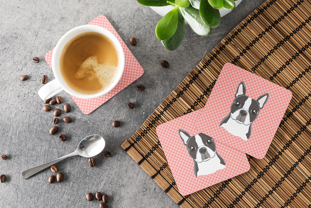 Checkerboard Pink Boston Terrier Foam Coasters Set of 4 Cup Coasters for Indoor Outdoor, Tabletop Protection, Anti Slip, Mouse pad Material