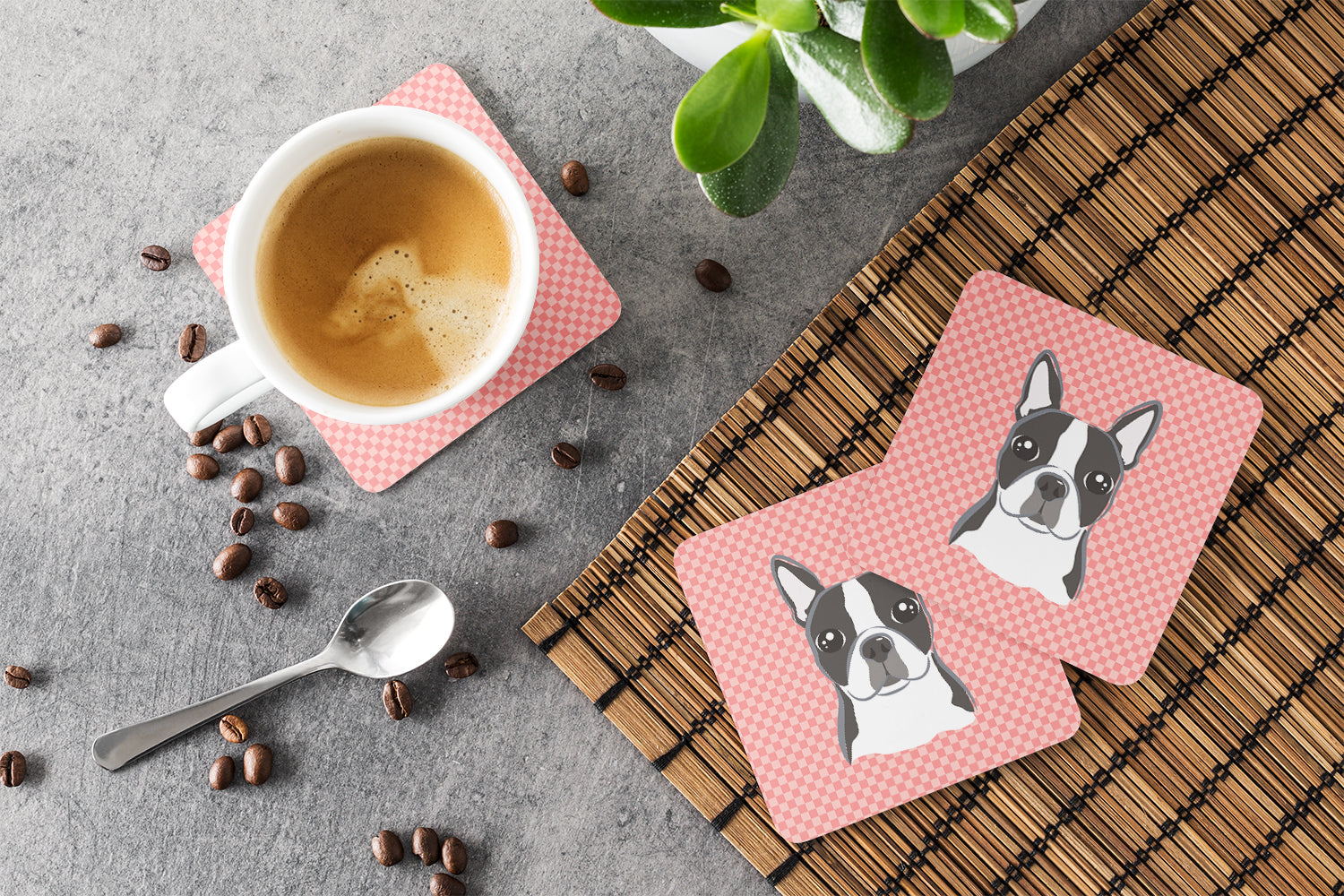 Checkerboard Pink Boston Terrier Foam Coasters Set of 4 Cup Coasters for Indoor Outdoor, Tabletop Protection, Anti Slip, Mouse pad Material