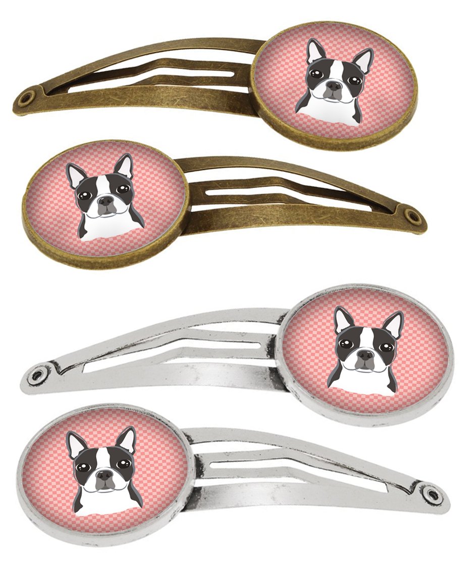 Checkerboard Pink Boston Terrier Set of 4 Barrettes Hair Clips