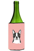 Checkerboard Pink Boston Terrier Wine Bottle Hugger Gift Sleeve for Standard 750 ml Bottles, Insulated Reusable Also Fits Mini Shot & Pint Bottles