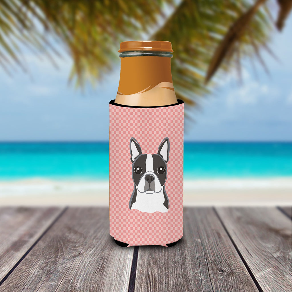 Checkerboard Pink Boston Terrier Slim Can Hugger , Insulated Foam Hugger for 12 oz Slim Cans, Beer Bottles & Water Bottles, Printed in USA
