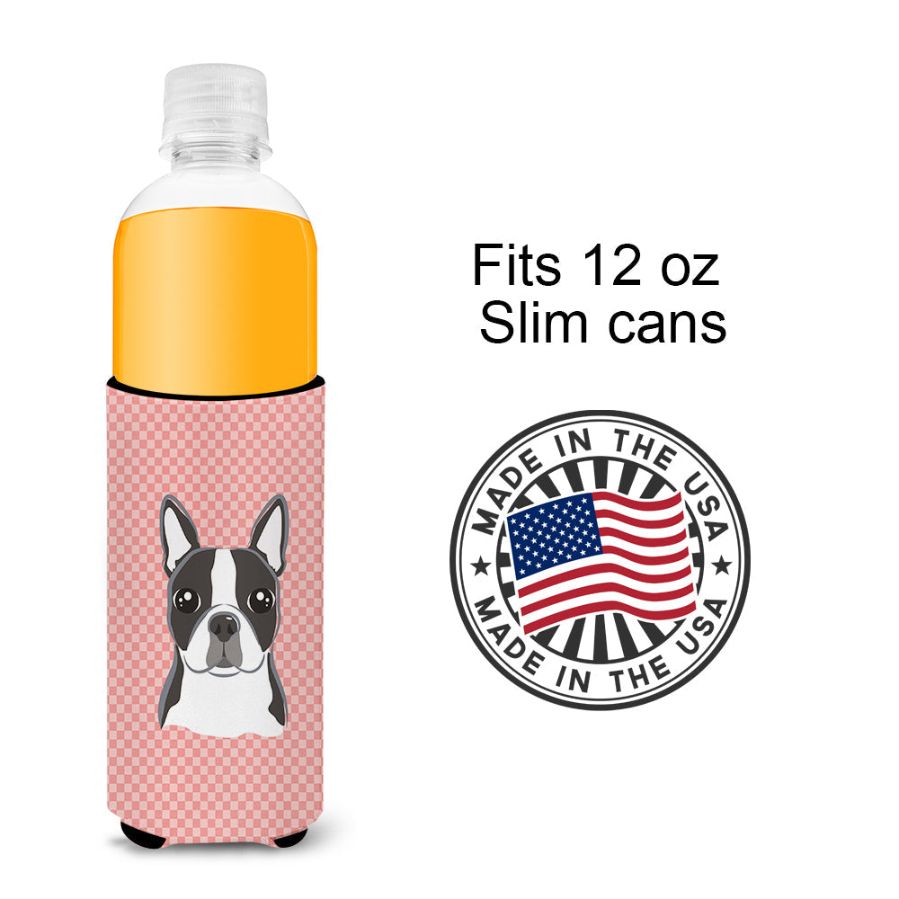 Checkerboard Pink Boston Terrier Slim Can Hugger , Insulated Foam Hugger for 12 oz Slim Cans, Beer Bottles & Water Bottles, Printed in USA