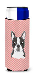 Checkerboard Pink Boston Terrier Slim Can Hugger , Insulated Foam Hugger for 12 oz Slim Cans, Beer Bottles & Water Bottles, Printed in USA