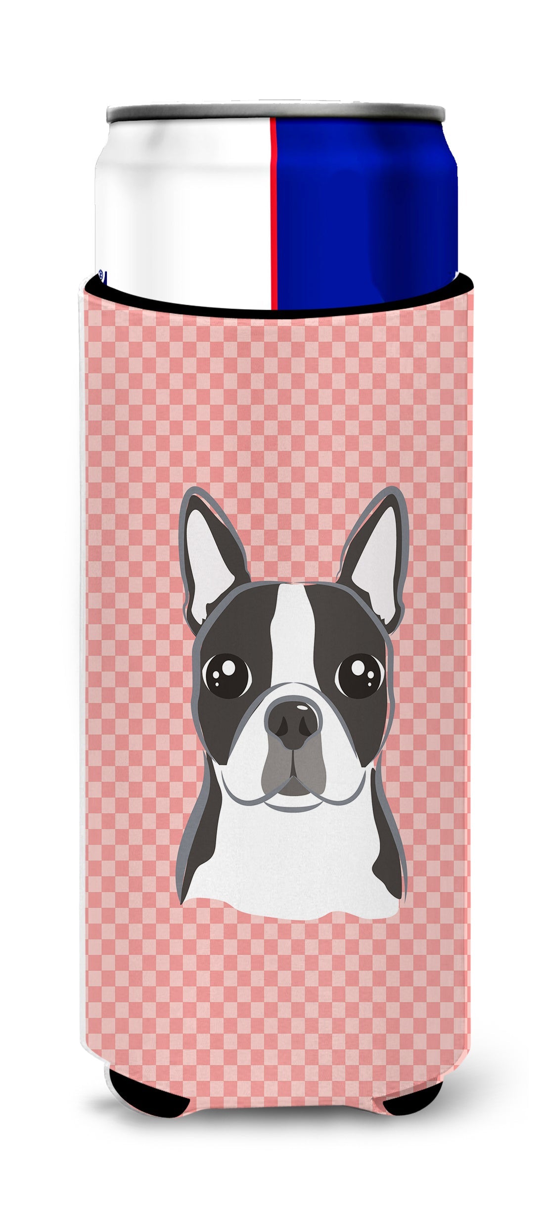 Checkerboard Pink Boston Terrier Slim Can Hugger , Insulated Foam Hugger for 12 oz Slim Cans, Beer Bottles & Water Bottles, Printed in USA