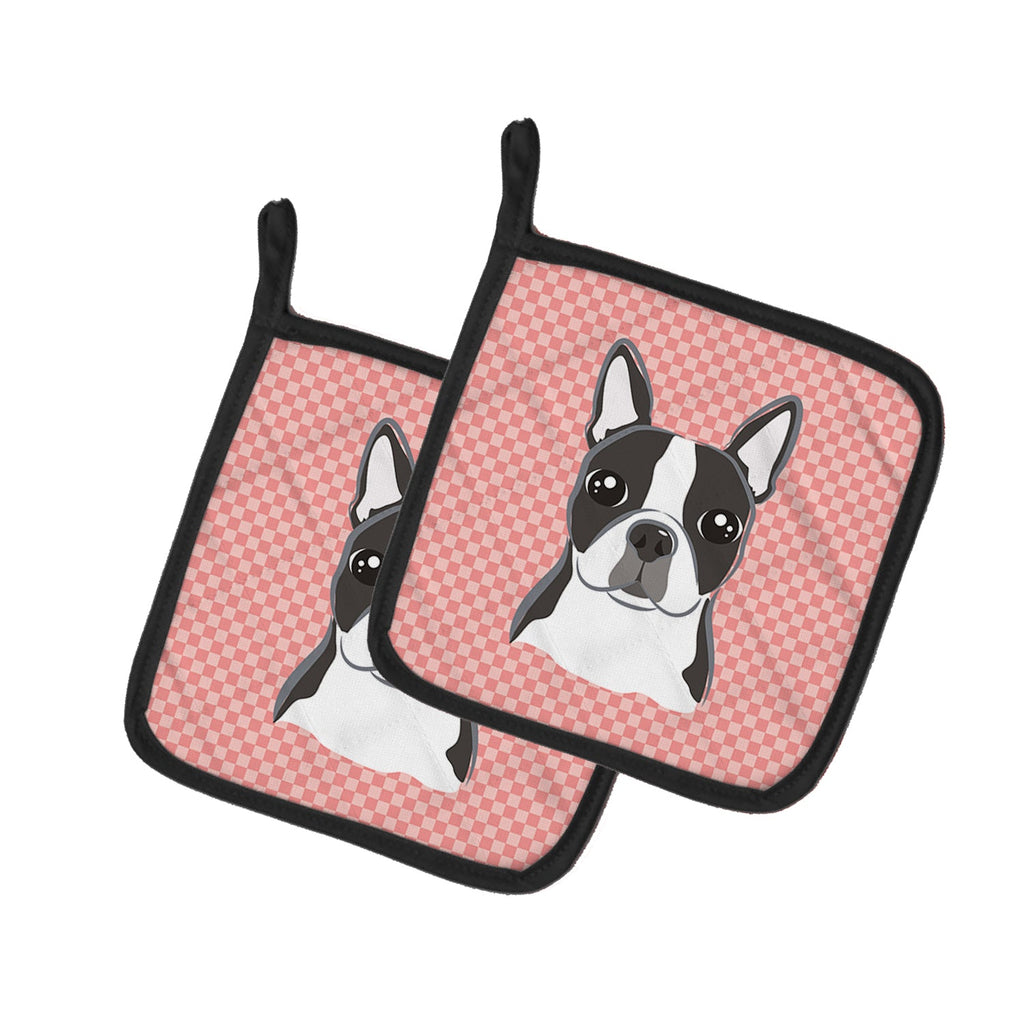 Checkerboard Pink Boston Terrier Pot Holder Set of 2 Heat Resistant Quilted Hot Pads 7.5 x 7.5 Inch, Insulated Kitchen Trivets for Cooking & Baking