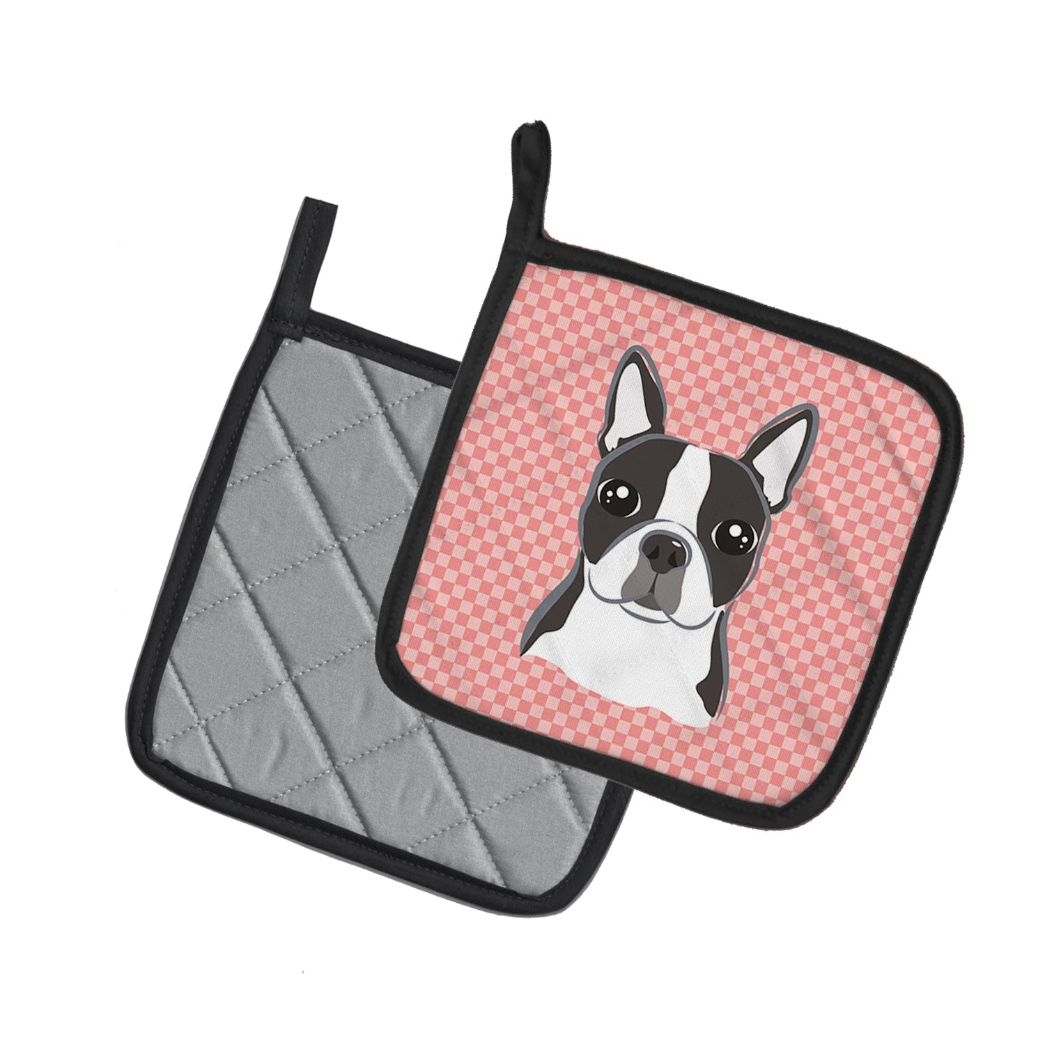 Checkerboard Pink Boston Terrier Pot Holder Set of 2 Heat Resistant Quilted Hot Pads 7.5 x 7.5 Inch, Insulated Kitchen Trivets for Cooking & Baking