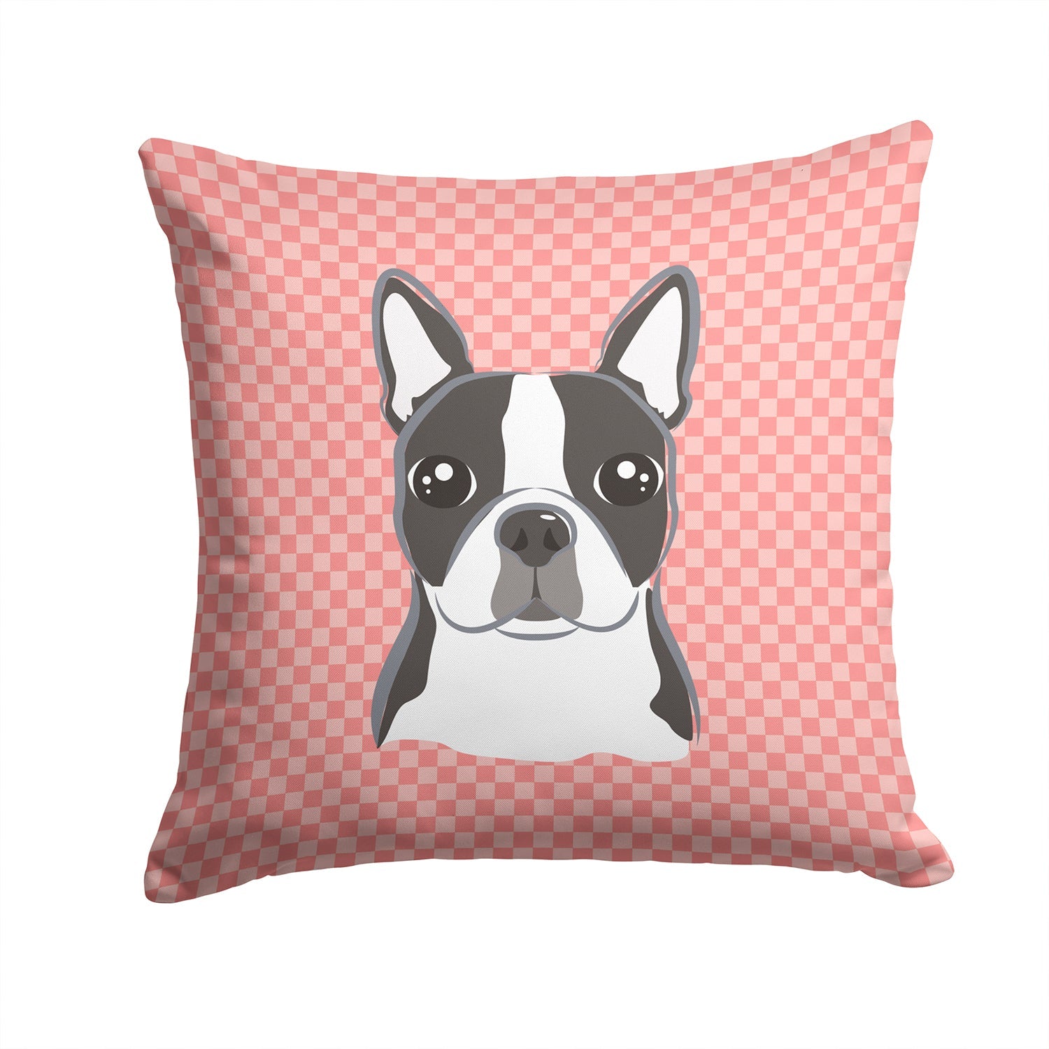 Checkerboard Pink Boston Terrier Decorative Throw Pillow 14x14 Indoor Outdoor Accent Cushion, Fabric Cover with Insert for Sofa, Bed, Porch & Living Room